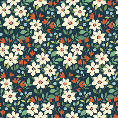 Seamless floral pattern, liberty ditsy print, abstract ornament of ornate summer meadow in a folk motif. Botanical design: hand drawn small flowers, leaves, decorative wild plants. Vector illustration