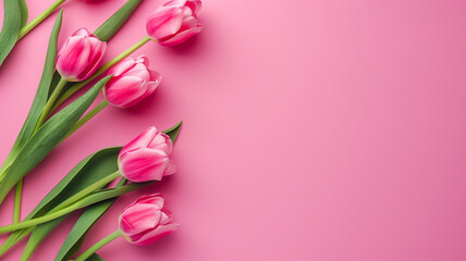 Mother's Day background with copy space, pink tulips on pink background, ideal for posters, brochures, and promotional materials, aura and dreamy top view