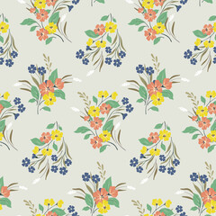 Fototapeta na wymiar Seamless floral pattern, abstract ornament, ditsy print with wild plants in a vintage motif. Botanical design: hand drawn small flowers, branches, leaves on a blue background. Vector illustration.