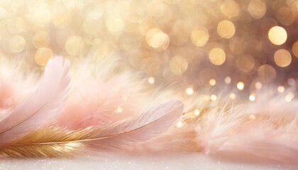 elegant pastel pink and gold christmas background with soft feathers and sparkling bokeh