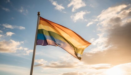 rainbow flag waving in the wind against blue sky with white clouds