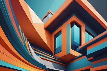 A vibrant abstract architectural design with dynamic lines and bold colors, striking geometric aesthetic. generative ai