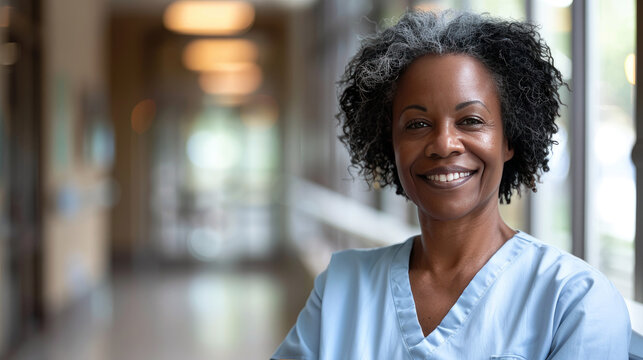 black female doctor in blue scrubs, smiling looking in camera, Portrait of woman medic professional, hospital physician, confident practitioner or surgeon at work. blurred background