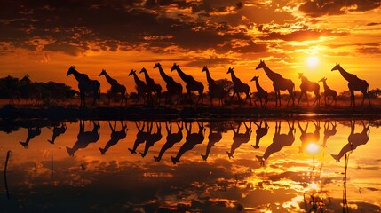 troupeau de girafes au coucher du soleil
