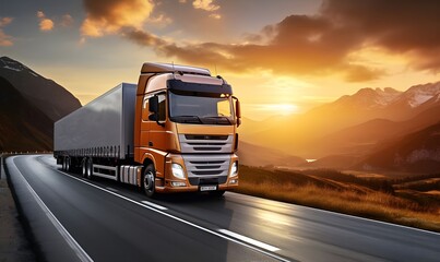 A semi truck driving on a highway at sunset