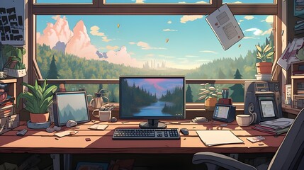 A desk with a computer and a window showcasing mountain view
