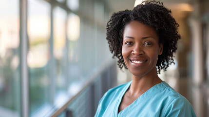 Young black female doctor in blue scrubs, smiling looking in camera, Portrait of woman medic professional, hospital physician, confident practitioner or surgeon at work. blurred background - obrazy, fototapety, plakaty