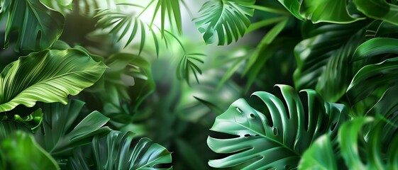 Tropical jungle background with lush green leaves, creating a textured and vibrant scene of a dense jungle