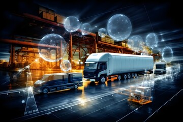 A truck driving on a road with bubbles, representing the future of transport in a global logistics and transportation network