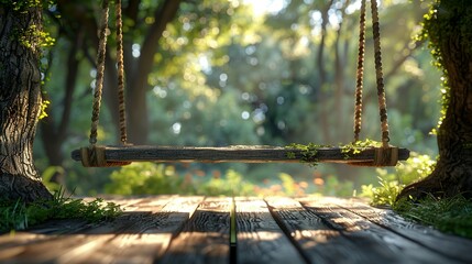 Old wooden terrace with wicker swing hang on the tree with blurry nature background 3d render - obrazy, fototapety, plakaty
