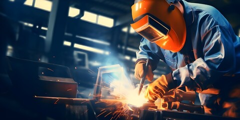 A worker in a blue shirt and protective mask welding metal in a factory