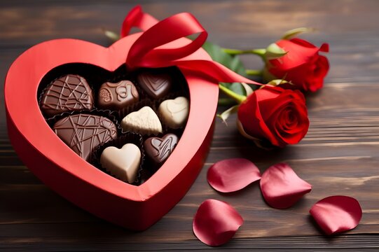 Bonbones de chocolate en una caja en forma de corazón para el Día de San Valentín en una mesa de madera
