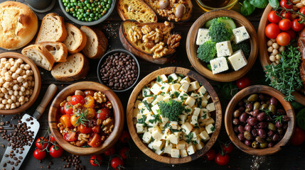   A table with bowls of various foods, including bread, beans, tomatoes, and broccoli, placed beside each other