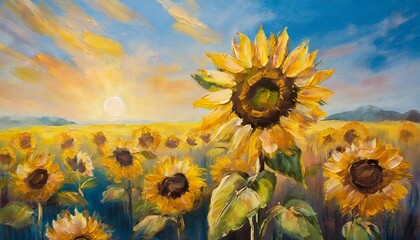 oil painting of the yellow sunflowers on blue background