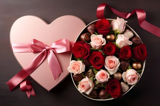 Vista superior pétalas de rosas vermelhas com rosas vermelhas dentro da caixa para o dia dos namorados em fundo escuro coração mulher sentindo paixão amor casal cor
