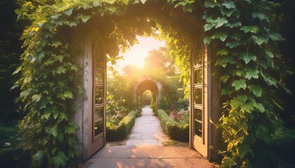 3d rendering of a fantasy doorway portal framed by green vines leading into a idyllic garden...