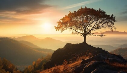 view of a tree on the top of a mountain and an amazing dawn illustration created with ai technology