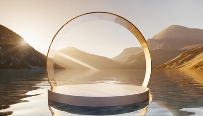 3d render round podium on water with glass wall arch and mountains minimal mockup for product...