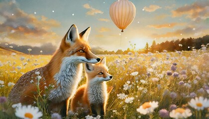 a painting of a mother fox and her baby in a field of wildflowers with a balloon in the background - obrazy, fototapety, plakaty