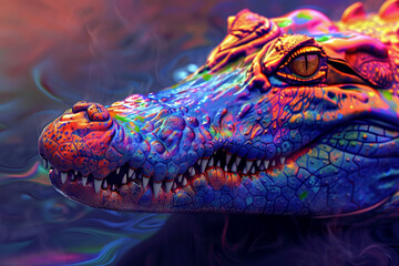 Generate a close-up shot of a ferocious crocodile, rendered in abstract style with exaggerated...