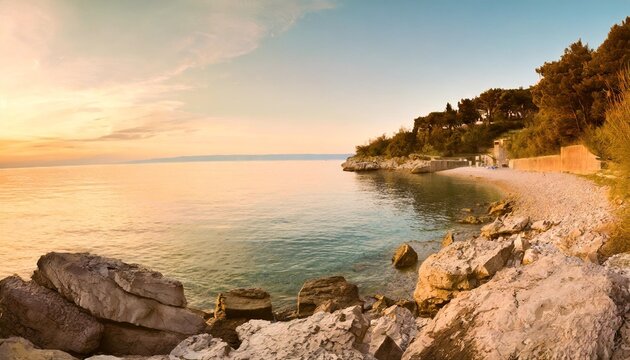 picturesque croatian view scenic rocky coast rijeka resort kosterena beach istria europe this image is sold only on adobe stock