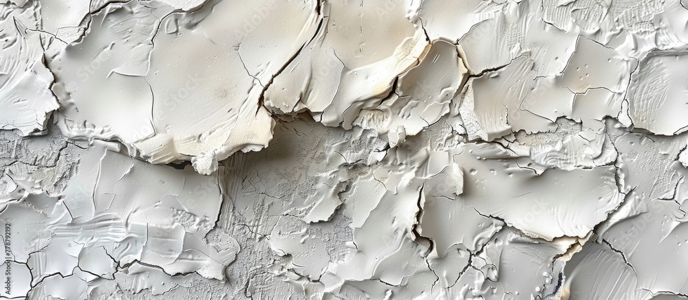 Wall mural a detailed shot of a white wall with peeling paint, showcasing a natural material deteriorating unde