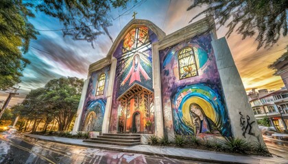 Religious contemporary art. Graffiti representing Jesus on the facade of a building. 