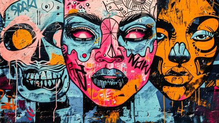 A vibrant graffiti mural with expressive faces painted on an urban wall, showcasing urban street...