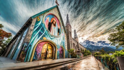 Religious contemporary art. Graffiti representing Jesus on the facade of a building. 