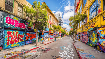Fototapeta premium Panoramic view of a vibrant urban alley covered with colorful graffiti and street art on a sunny day.