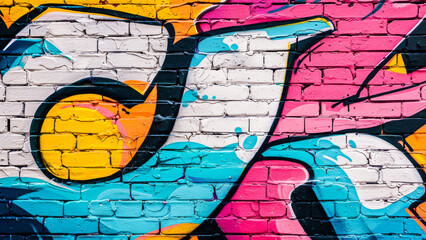 Vibrant and colorful graffiti on a brick wall representing street art and urban culture, perfect...