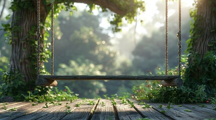 Old wooden terrace with wicker swing hang on the tree with blurry nature background 3d render - obrazy, fototapety, plakaty