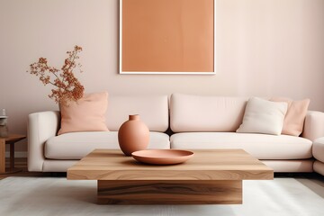 A living room with a couch and vases with flowers in it
