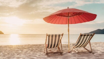 Fototapeta na wymiar striped beach chair under red umbrella on sandy shore banner vacation background