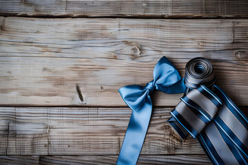 Blue bow tie on a wooden background. Fashionable men's accessories.Elegant Bow Tie on Rustic Wooden Background