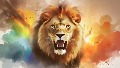 realistic angry lion face zoo park vector artwork lion king splash smoke rainbow background...