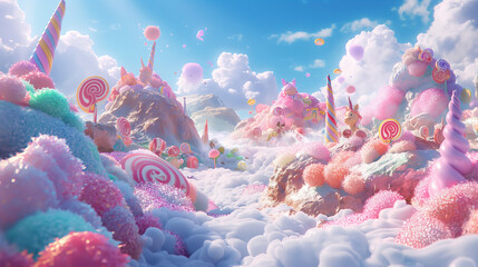 A representation of a child's dream filled with colorful candies. Reflects the boundless imagination of children The joy and magic of dreams - obrazy, fototapety, plakaty