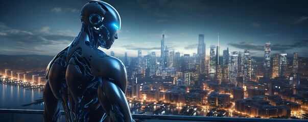 AI robot, sleek metal body, a vision of the future, overlooking a bustling cityscape below, neon lights glowing in the night sky - obrazy, fototapety, plakaty