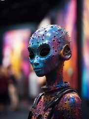 Alien artist, vibrant colors, painting masterpieces together with human artists, in a museum filled with unique creations from both worlds