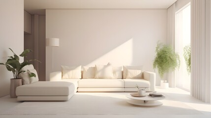 Interior, sala de estar minimalista moderna com sofá na parede branca e piso de ladrilhos de granito. Renderização 3D
 - obrazy, fototapety, plakaty