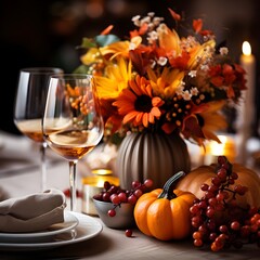 Configuração de mesa para o dia de Ação de Graças Centros de mesa de outono com abóboras e flores laranja Generative AI
