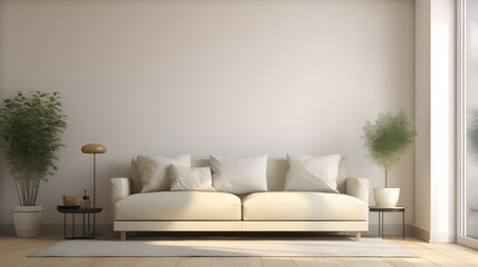 Interior minimalista blanco con sofá de cocina, paneles de pared de suelo de madera y isla de cocina de mármol, apartamento acogedor, decoración del hogar
 - obrazy, fototapety, plakaty