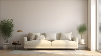 Fotobehang Interior minimalista blanco con sofá de cocina, paneles de pared de suelo de madera y isla de cocina de mármol, apartamento acogedor, decoración del hogar  © Arshad