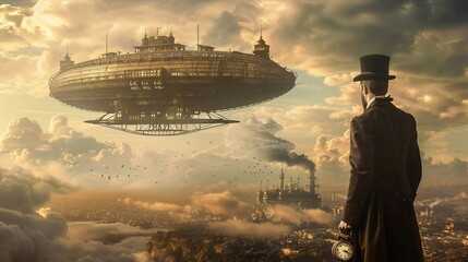 Android, antique pocket watch, sophisticated Victorian attire, boarding a steam-powered airship drifting above a vast landscape dotted with floating islands