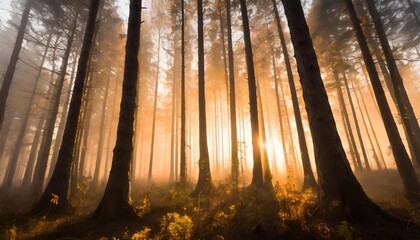 vibrant golden sunlight illuminating the fog in a forest in autumn with the silhouettes of tree trunks creating a vivid pattern