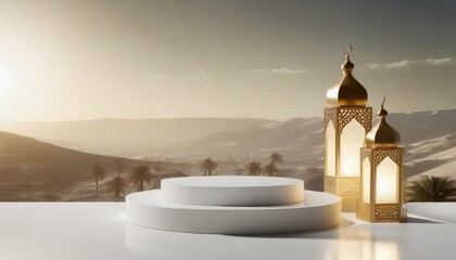 3d illustration white and gold podium mockup in landscape of sanseviera and ramadan arabic lamps generative ai - obrazy, fototapety, plakaty
