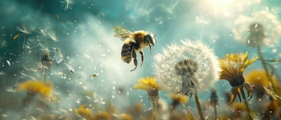 A fantasy scene of a bee riding a dandelion fluff like a parachute - obrazy, fototapety, plakaty