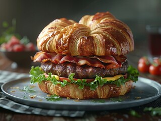 Croissant Burger, tartan plaid, innovative dish combining a flaky French croissant with an American juicy burger, plated in a trendy bistro - obrazy, fototapety, plakaty