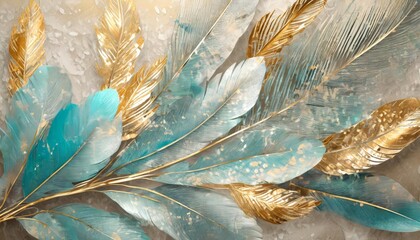 blue turquoise and gray leaf and feather design golden touches on a 3d light drawing wallpaper photography high resolution
