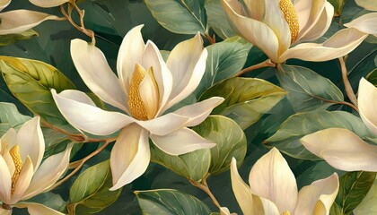 magnolia flowers floral background tropical seamless pattern luxury wallpaper green leaves dark...